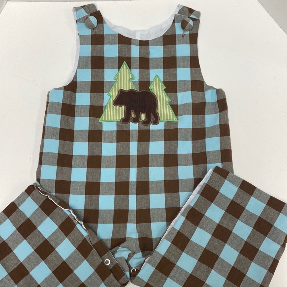Stellybelly Boys Bear Appliqué Blue and Brown Checkered Overall/Romper